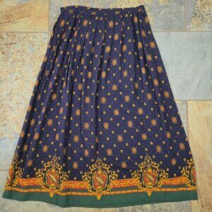 Maggy London Size 12 Pleated A-Line Skirt Navy Blue Crests Feleur de Lis Print